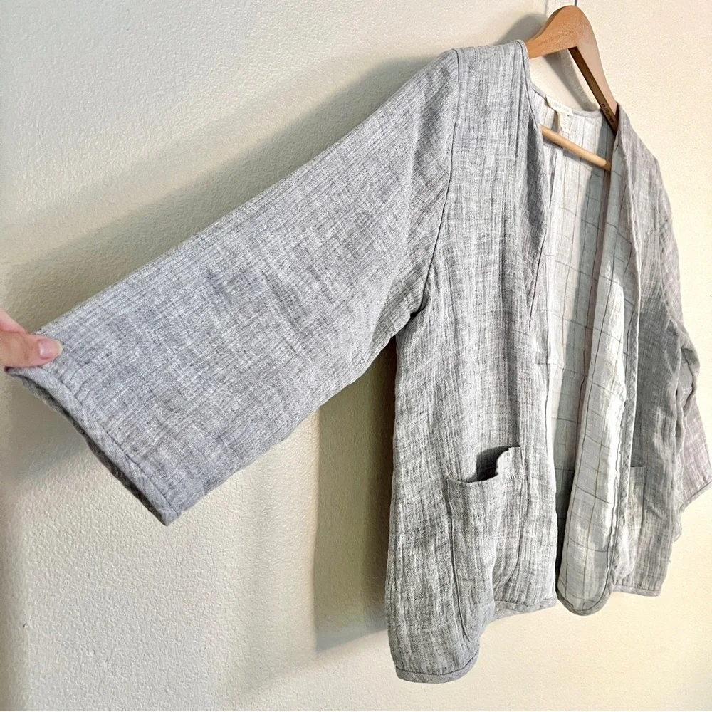 EILEEN FISHER Check Linen Round Neck Jacket in Dark Pearl Grey